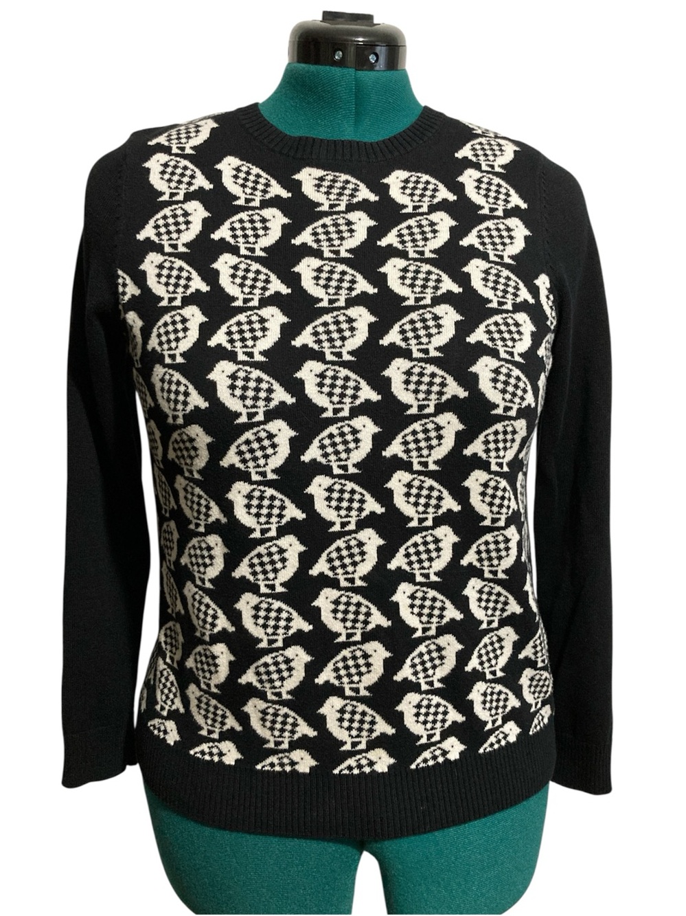 Charter Club Cotton Blend 3/4 Sleeve Checker Print Bird Sweater